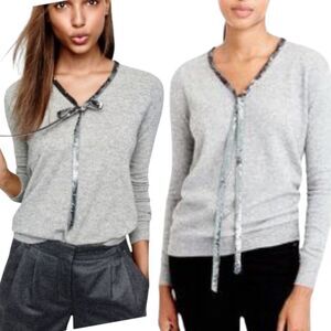 J. Crew Gray V Neck Sweater with Sequins Ribbon Bow Detail S